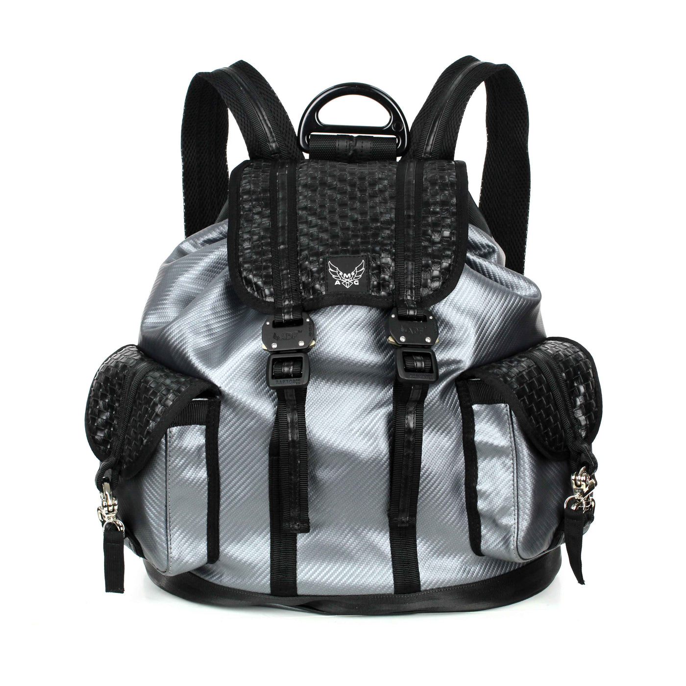 Black and silver stylish backpack with tactical  quick release buckles 