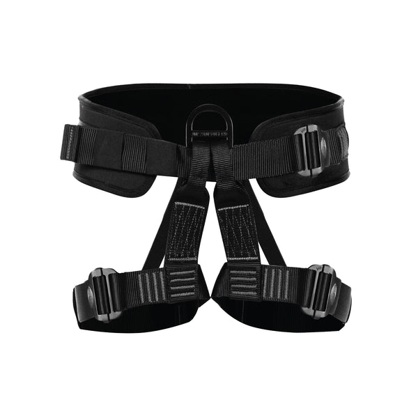 black half body climbing harness with padded waist and steel buckles