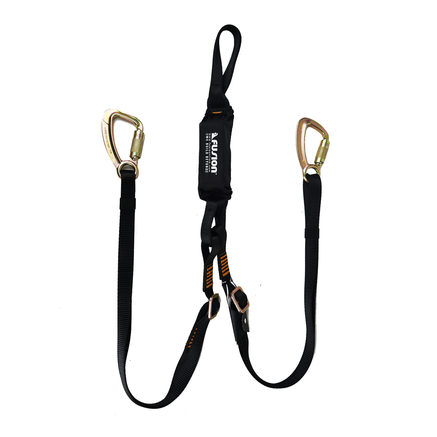 Double Legged Shock Absorbing Lanyard with rebar hooks and hitched loop