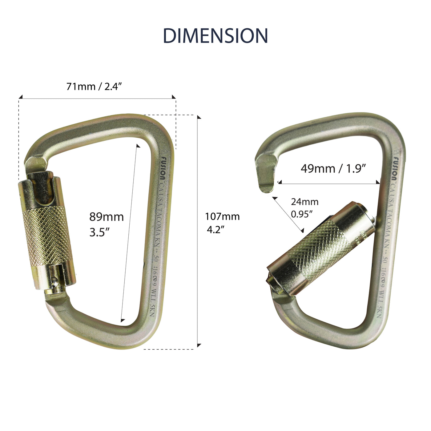 Tacoma Steel 50KN Auto Lock Carabiner – Gold Clip for Climbing, Rescue & Rigging