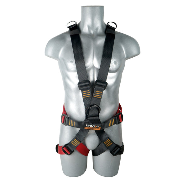orange black full body harness for adventure park and climbing