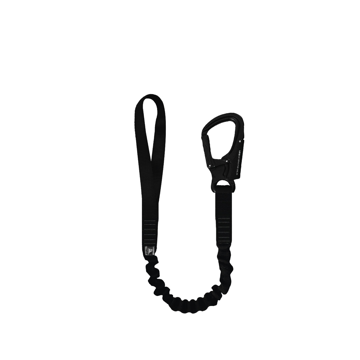 black helicopter retention lanyard with 33kN snap hook and internal bungee for safety