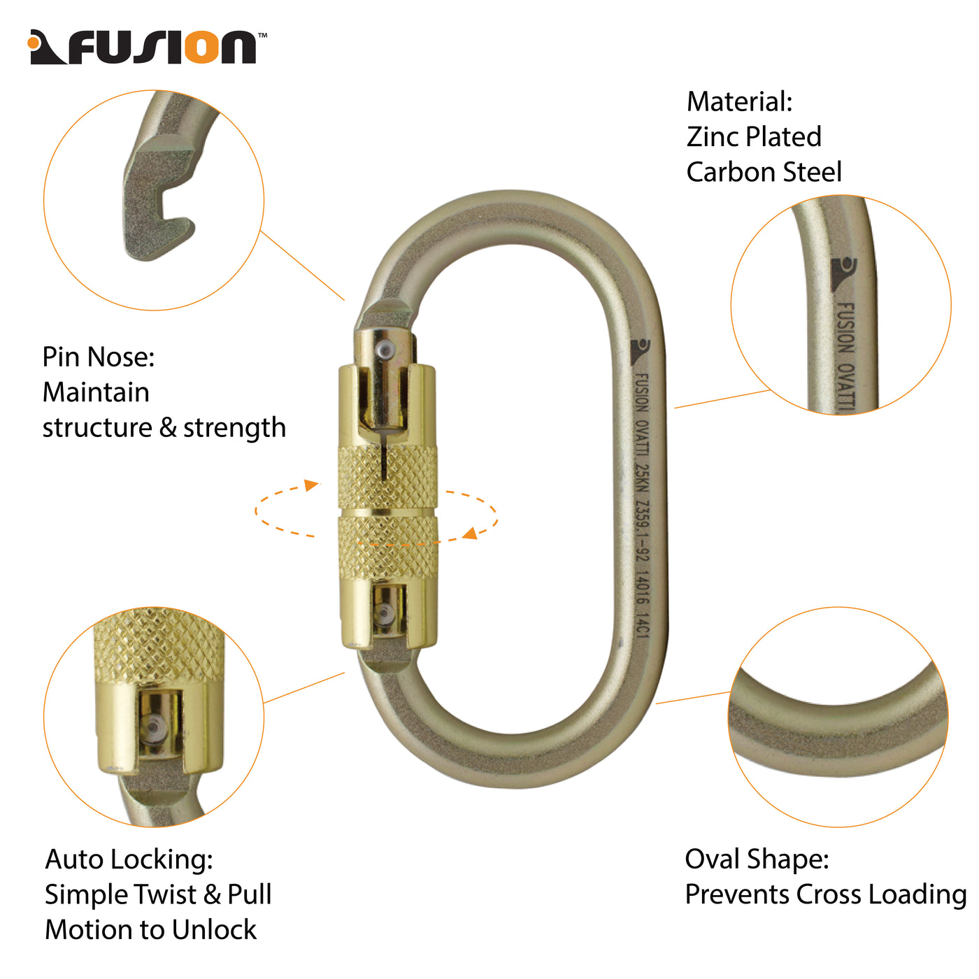 Ovatti Steel Auto Lock Gate Carabiner - Gold