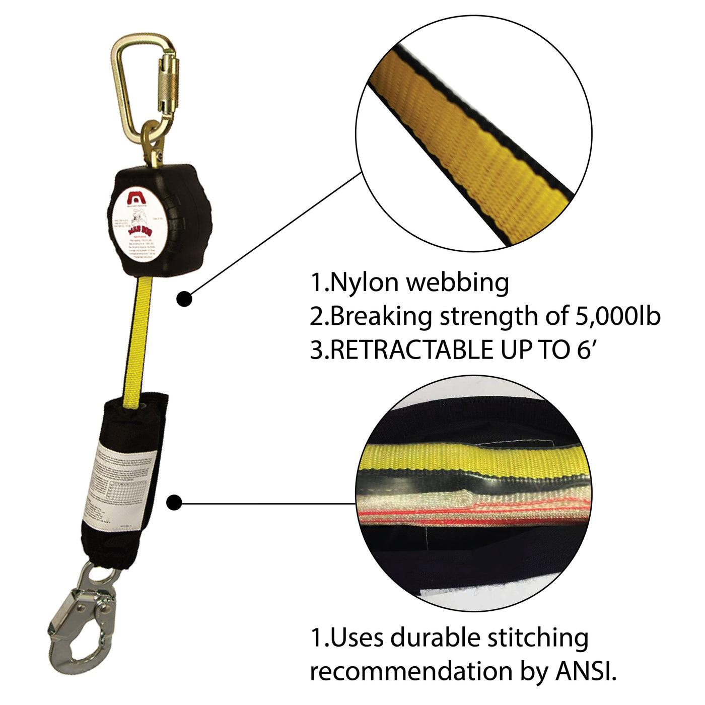 MAD DOG 6' Fall Protection Self-Retractable Lanyard