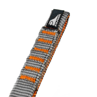 close of gray and orange climbing runner with stitched loop