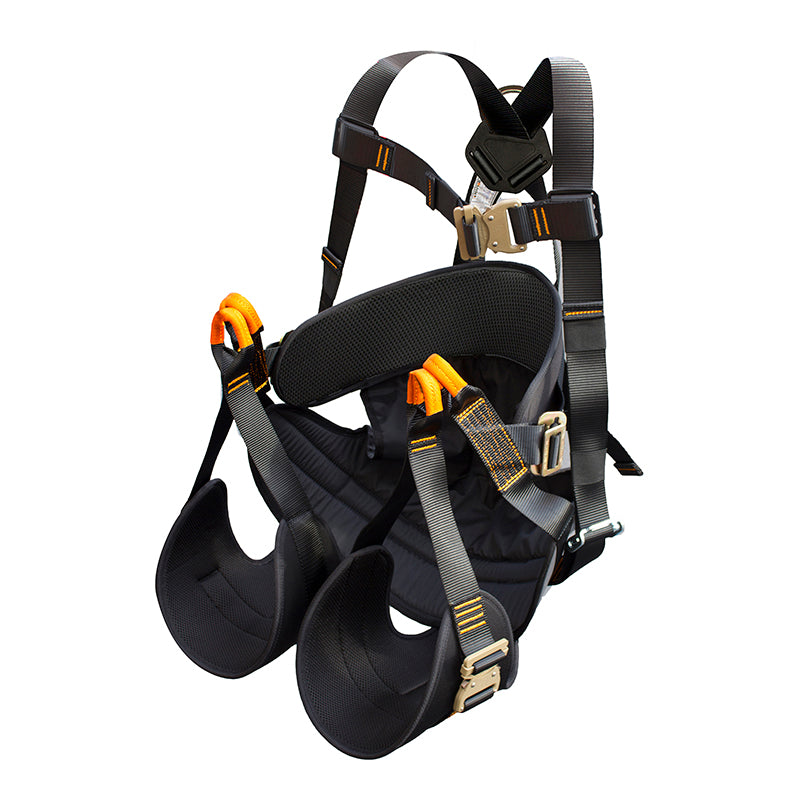 blacg and orange Roar Zip line Kit Seat Style Harness with four connections and d-ring