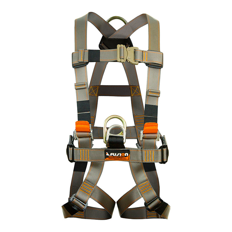 A full body harness in gray and orange fall protection for workers, climbing, and construction 
